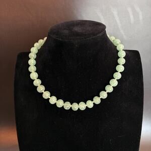 Vintage Les Bernard Green Moonglow Glass Bead Necklace - Signed Designer Strand